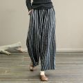 Yfashion Women Cotton Trendy Striped Wide Leg Pants Cotton Linen Loose Large Size Casual Trousers Straight Breathable Pants. 