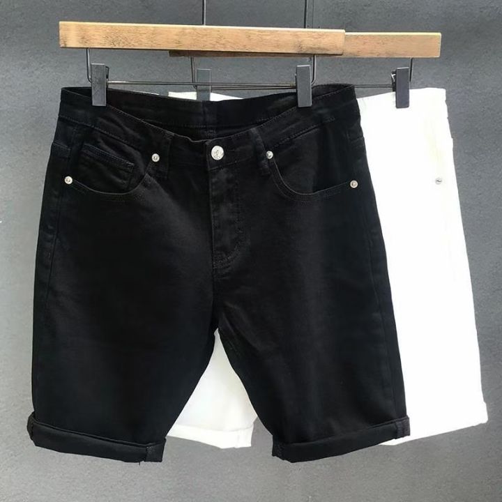 Fashion Brand Summer Thin White Denim Shorts Men's Slim Fit Korean Style All-Matching Trendy Fifth Pants Solid Color Black Middle Pants