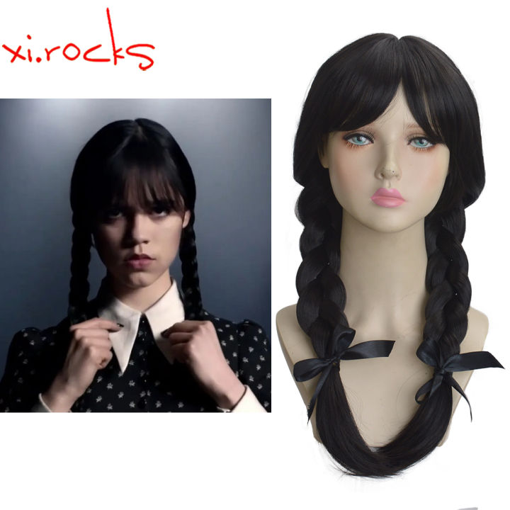3622L Xi.Rocks Addams Wednesday Long Black Braids Hair Cosplay Heat ...