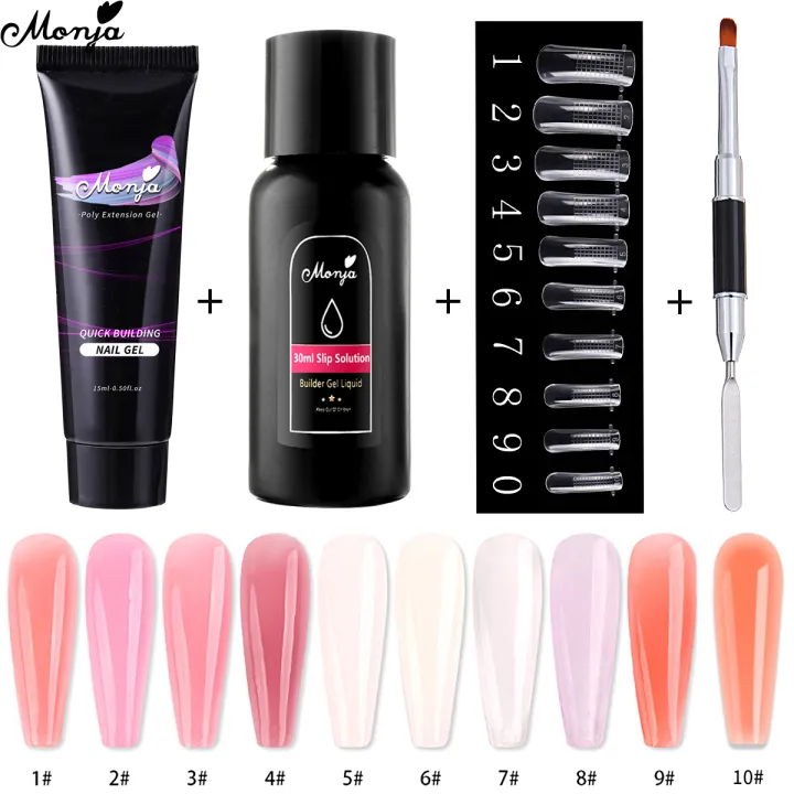 Monja 4 Pcs/Set Nail Art Kit Acrylic Brush Slip Solution Liquid Uv Gel For False Nail Diy Quick Extention Building Manicure Tool