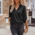 Yfashion Women V-neck Shirt Casual Long Sleeves Loose Tops Simple Solid Color Pullover Tops For Date Party Beach. 