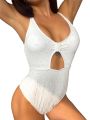 Women Bikini, Spaghetti Straps V-neck Hollowed Jacquard Summer Swimming Bathing Swimsuit. 