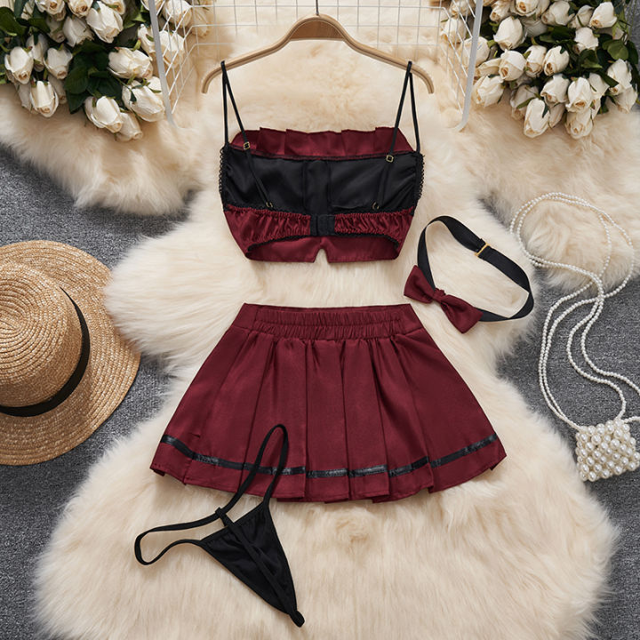 Bow%20Sleeveless%20Camisole%20Crop%20Top%20Lingerie%202-piece%20Set%20Pleated%20Skirt%20Short%20Red%20Hotsweet%20Cosplay%20Suits%20Women%20Clothing%20Y2K%20New%20-%20Image%202