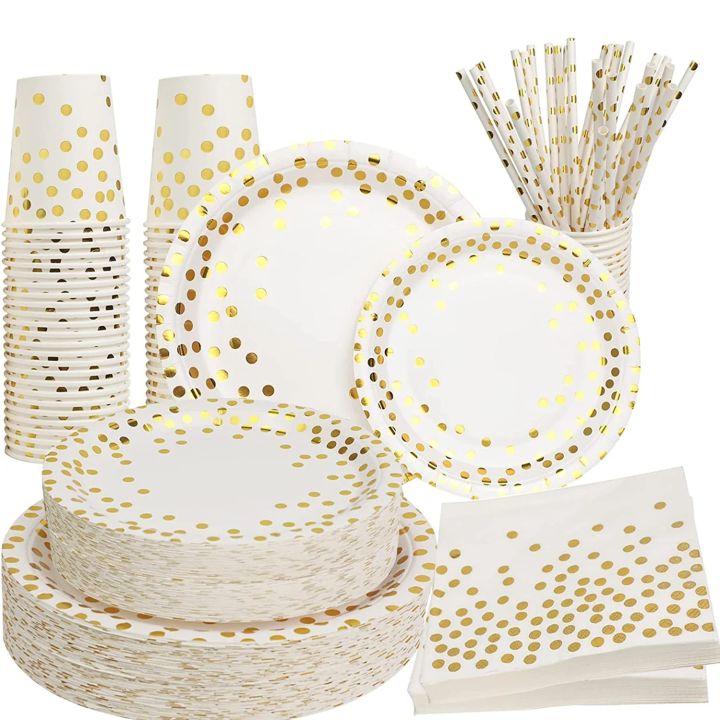 paper plates White Gold Party Supplies Disposable White Paper Plates Dinnerware Gold Dots Plates Cups Wedding Birthday Party Baby ShowerParty Tableware
