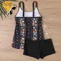 Quick Drying Bathing Suit Floral Print Plus Size Tankini Set for Women Quick Dry Bathing Suit with Skinny Swim Trunks 2pcs Set for Beach Look. 