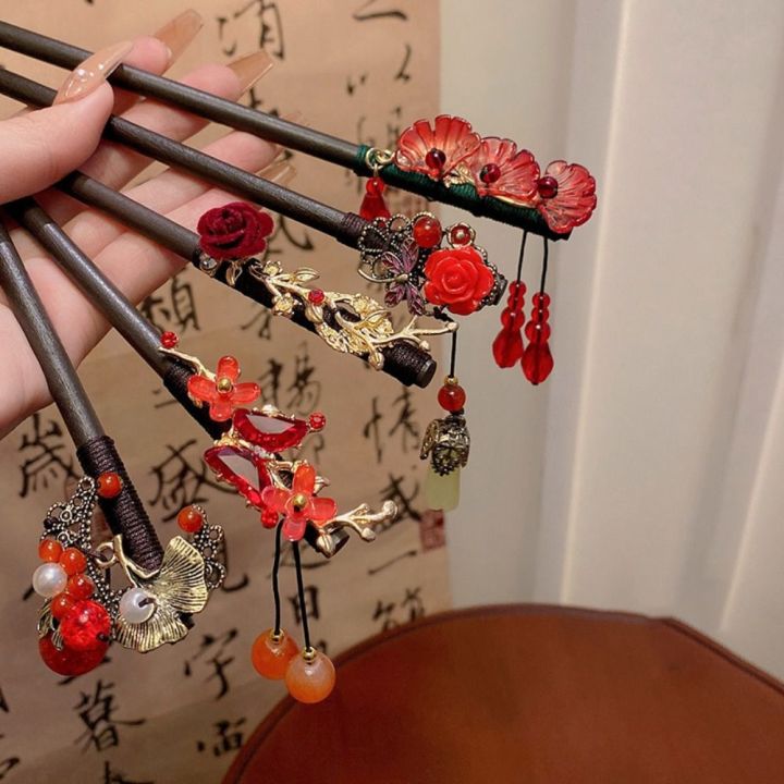 Hair Clip Accessories Vintage Retro Red Hair Stick Fashion Ancient Style Red Rose Fringe Hairpin Multi-purpose Senior Chinese Hairpin Headwear Girls