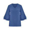 Yfashion Women V-neck Ruffle Bell Sleeve Blouse Solid Color Soft Comfortable Summer Loose Top Pullover T-shirt. 