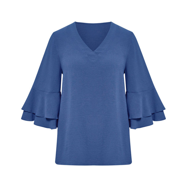 Yfashion%20Women%20V-neck%20Ruffle%20Bell%20Sleeve%20Blouse%20Solid%20Color%20Soft%20Comfortable%20Summer%20Loose%20Top%20Pullover%20T-shirt%20-%20Image%205