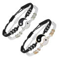 2Pcs Couple Bracelets 2 Matching Yin Yang Hand Knitted Men Women Shiny Rhinestones Adjustable Bracelets for Valentines Day. 