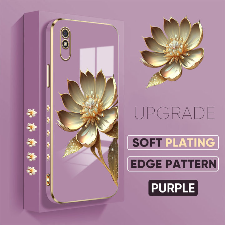 TA%20for%20Redmi%209A%20Back%20Cover%20With%20Hand%20Strap%20Gold%20Lotus%20Flower%20Luxury%206D%20Plating%20Case%20Side%20Pattern%20Soft%20Silicone%20Square%20Mobile%20Cover%20-%20Image%202