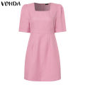 【Miga Plaza】 Womens Elegant Mini Dress Puff Short Sleeve Square Collar Party Casual Pencil Dresses Plus Size (Korean Floral). 