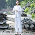 Cotton and Linen Yoga Clothes Suit Spring and Summer New Tai Ji Suit Morning Exercise Clothes Two-Piece Set Solid Color plus Size Loose Zen Tea Gown. 