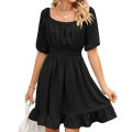 Yfashion 100% Polyester Summer New Solid Color Square Neck Short Sleeve Loose Open Back Tie Dress. 