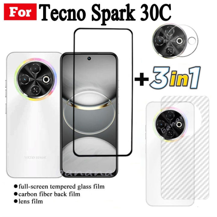 3 IN 1 Tecno Spark 30C Tempered Glass Film For Spark 20 Pro Spark20C Spark Go 1 2024 Full Cover Screen Protector Glass +Camera Lens Film+back film
