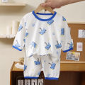 Children's loungewear set, summer thin men's and women's ice silk three-quarter sleeve cotton pajamas, baby breathable air conditioning clothes. 