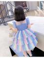 Girls' Summer New 2024 Children's Aisha Seven Rainbow Princess Dress Girl's Western Style Puffy Performance Skirt. 