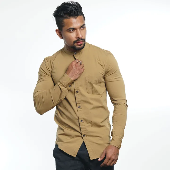 D-Blaq Men's Chinese Collar Long Sleeve Shirt in Brown