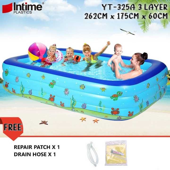 Intime 262cm 3 Rings Inflatable Rectangular Baby Swimming Pool Kids Pool Bathtub
