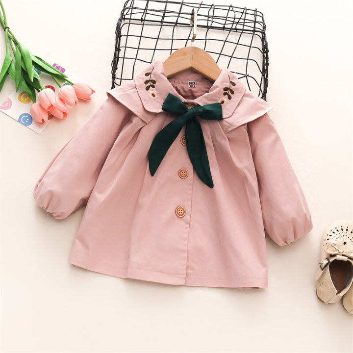 Leaf Flower Embroidered Collar Bowtie Infant Windbreaker Coat Spring And Autumn New Girls' Baby Long Sleeve Coat Solid Color Girl Children'S Clothing Suitable For 0-3 Years Old