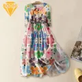 Bohemian Style Dress Bohemian Floral Print Midi Dress with Lace-up Detail Women's Spring A-line Dress for High Waist Fashion Style Summer Midi Dress. 