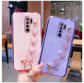 For Xiaomi Redmi 9 Back Cover with Love Heart Chain Wrist Strap Fashion Bracelet Shiny Plating Bumper Protective Case Silicone Shockproof Mobile Phone Cases. 