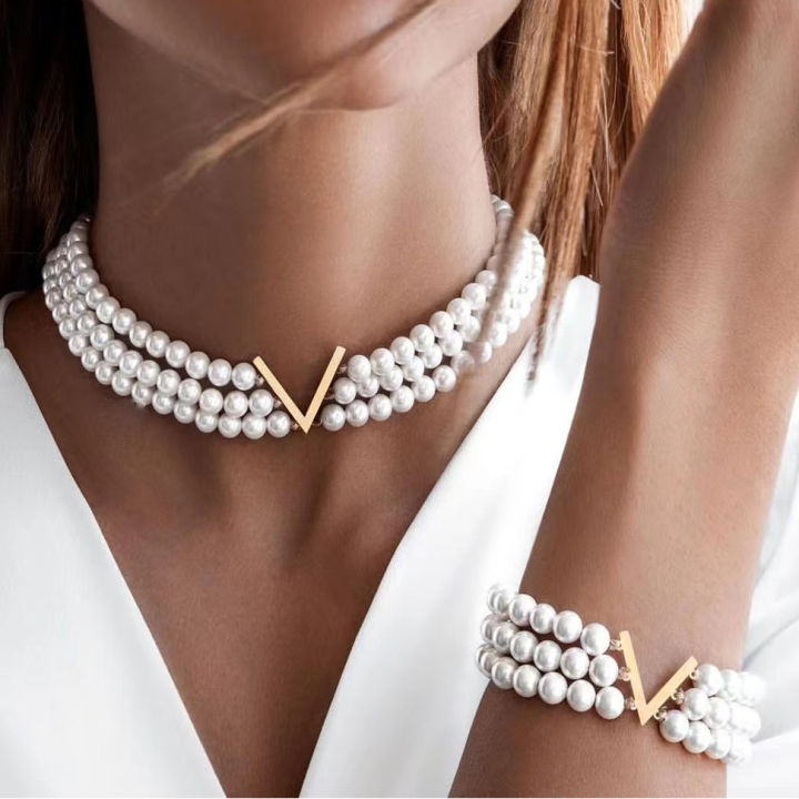 Qingwen Cross-Border New Arrival Multi-Layer Pearl Jewelry Set for Women ins Wind Europe and America Creative Design V Necklace Bracelet Set