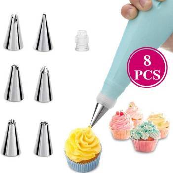 8Pcs/Set Silicone DIY Cake Decoration Accessories Icing Piping Cream Pastry Bag 6 Stainless Steel Nozzle Set
