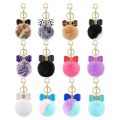【HOT】 Creative Faux Fur Pom Pom Keychain Women Girls Bag Pendant Rhinestone Pu Leather Bow Keyring For Wallet Accessory. 