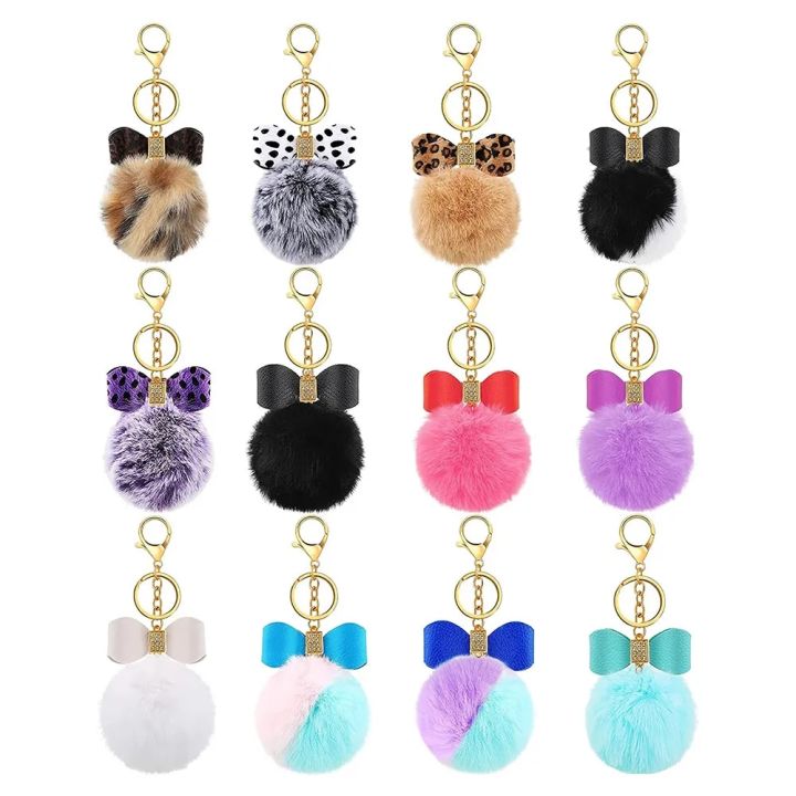【HOT】 Creative Faux Fur Pom Pom Keychain Women Girls Bag Pendant Rhinestone Pu Leather Bow Keyring For Wallet Accessory