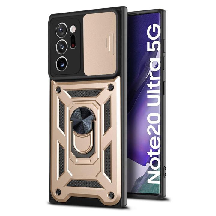 For Samsung Galaxy Note 20 Ultra Rugged Armor Protection Case with Slide Camera Cover Ring Holder Stand casing