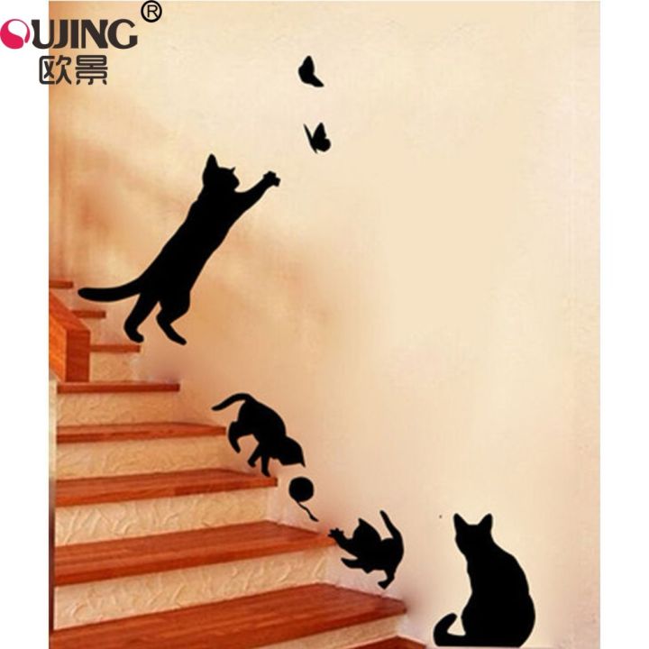 Cartoon Black Naughty Kitten Wall Sticker For Kids Room Bedroom Stairs Home Decoration Vinyl Wall Decals Cute Cats DIY Art Mural