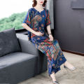 Middle-Aged and Elderly Summer Ice Silk Suit 2024 Summer Wear Fashion New Loose plus Size Print Casual Mom's Two-Piece Set. 