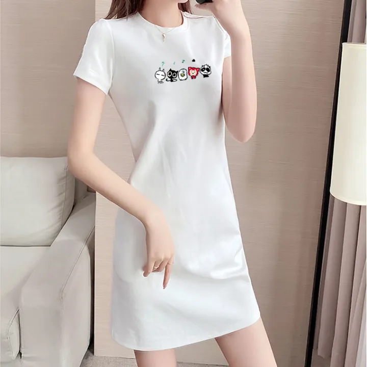 Pure%20Cotton%20T%20T-shirt%20Dress%20Women's%20Large%20Size%20Korean%20Style%20Summer%20New%20Loose%20Slimming%20Versatile%20Printed%20Short%20Sleeve%20Midi%20Dress%20-%20Image%205