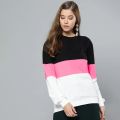 Trending Elegant Black Pink White T-Shirt Single Jersey Cotton Fabric 190gsm Tops Full Long Sleeve Crew Neck Casual Regular Fit Casual Wear Long Horizontal Line Stripe Black Pink White Tee Blouse In S, M, L, Xl Sizes For Women/ Ladies / Girls. 