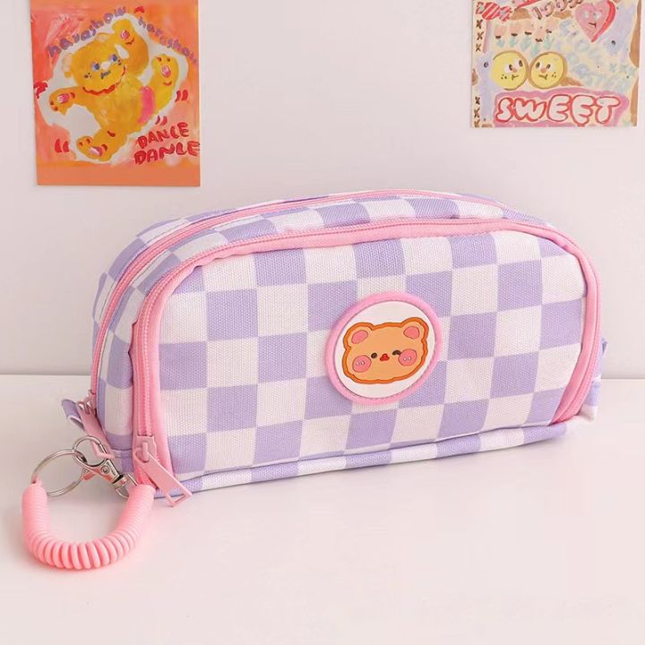 【HOT】 Kawaii Checkerboard Pencil Case Back To School For Girls Large Capacity Pen Bag School Supplies Cute Korean Stationery