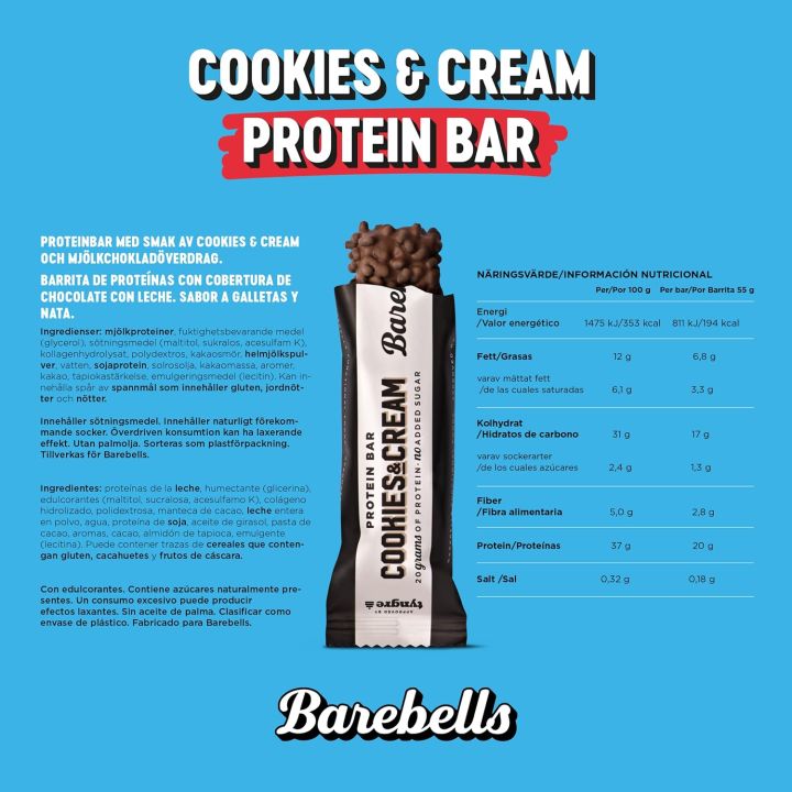 Barebells Cookies & Cream High Protein and Low Carb Bar, 55g (Low Sugar ...