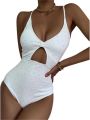 Women Bikini, Spaghetti Straps V-neck Hollowed Jacquard Summer Swimming Bathing Swimsuit. 