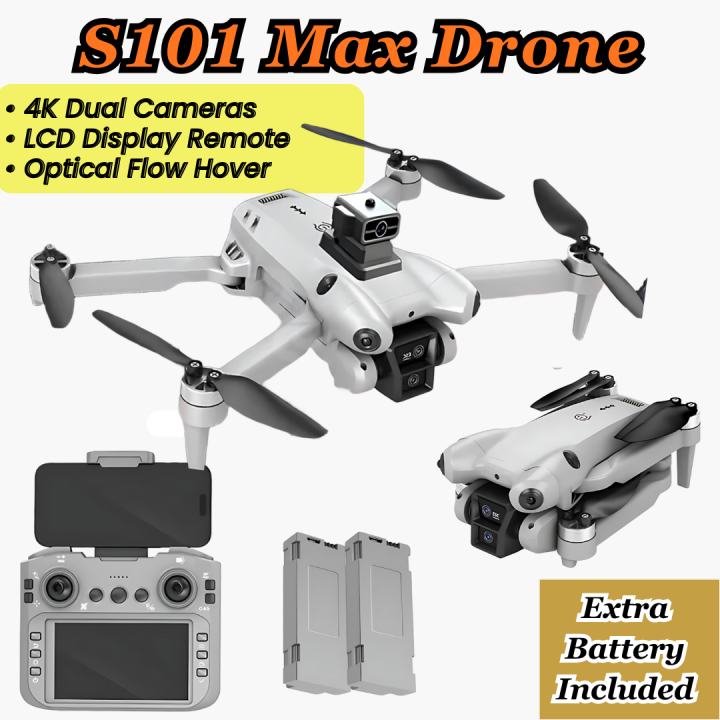 S101 Max Drone – 4K HD Dual Camera, Brushless Motor, LCD Screen Remote, Foldable Quadcopter + Extra Battery