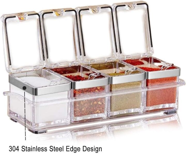 Seasoning Box Set,4 Piece Clear Seasoning Rack Spice Pots,Spice Container Seasoning Box Spice Pots with Spoons-Storage Container Condiment Jars