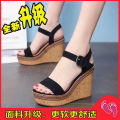 Women's Wedge Sandals Summer Platform European and American2023New Thick-Soled Suede Small Size Fashionable Women's Shoes High Heels. 