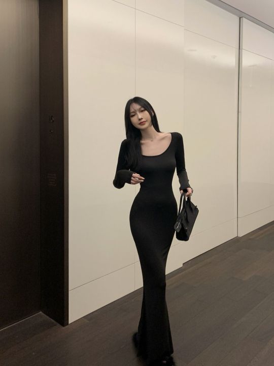 Hot%20Girl%20Pure%20Desire%20Long%20Sleeve%20Dress%20Women's%20Autumn%202024%20New%20Brown%20Base%20Dress%20Slim%20Fishtail%20Hip%20Skirt%20-%20Image%203