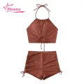 Muses Mall Summer Bikini Outfit Hollow Out Halter Bikini Set with High Waist Drawstring Trunks Women's Beachwear Set for Summer Fun 2pcs/set. 