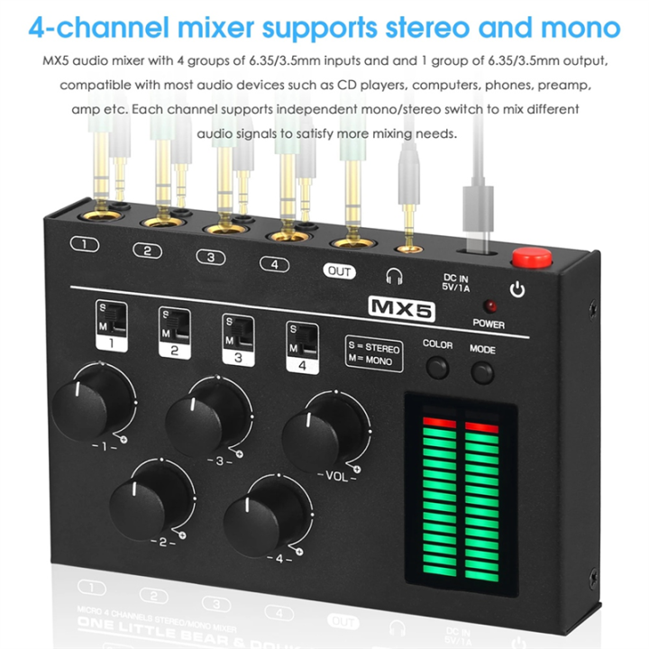 MX5%20Mini%20Low%20Noise%204-Channel%20Stereo%20Audio%20Mixer%206.35/3.5mm%20Mono%20Inputs%20for%20Studio,%20Bar,%20for%20Club%20-%20Image%203