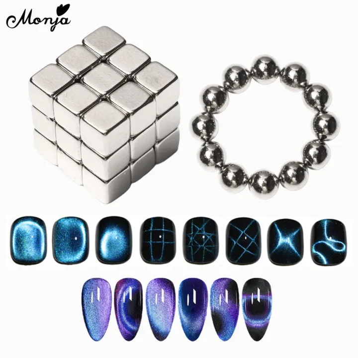 Monja 27Pcs Nail Art Cat Eye Cube Magnet 12Pcs Round Magnet Beads Multi-function Gel Polish Disassemble Magnets Manicure Tools