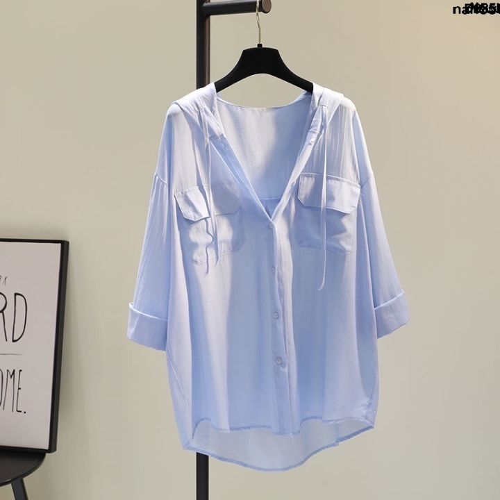 ˇ New 2024 Han Song Lining Pocket ﹋ Double-Version Break with Hat Lining Anti-Summer Wide Thin White Drying Cotton and Linen Women's Leisure Clothes Fashion ∶ Shirt 〈