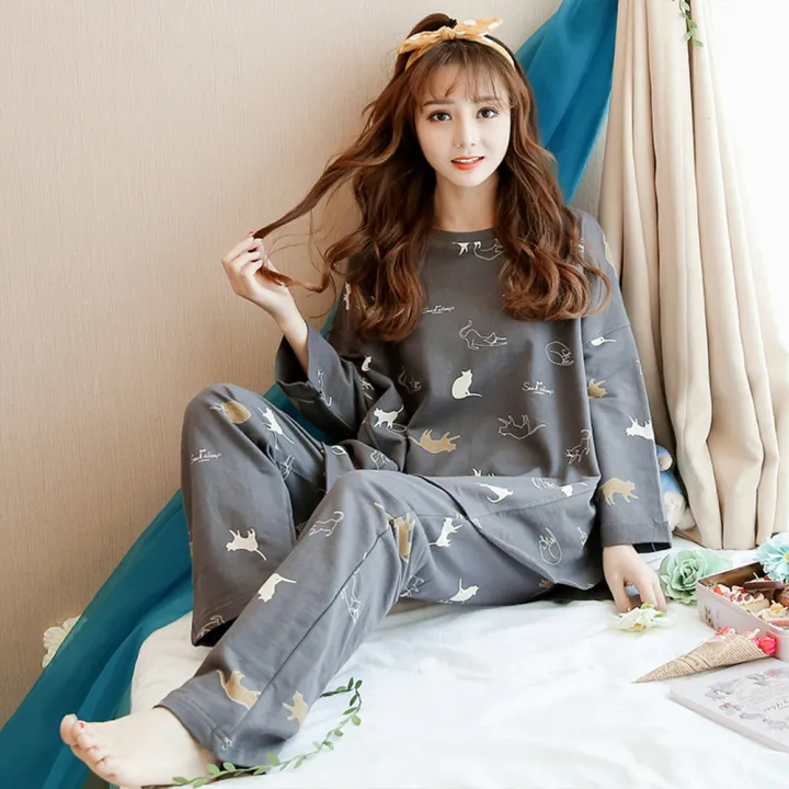 %5BL%20Size%5D%202pcs%20Cotton%20Silk%20Long-Sleeved%20Pijamas%20Set%20Tops+pants%20Sweet%20Cute%20Fashion%20Cartoon%20Classic%20Round%20Neck%20Loose%20-%20Image%203