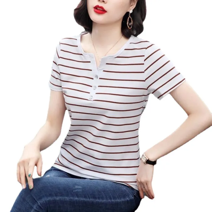 2023Summer%20New%20Top%20Striped%20Short%20SleeveTT-shirt%20Women's%20Summer%20Large%20Size%20Slimming%20Korean%20Style%20Loose%20All-Matching%20Flab%20Hiding%20Women's%20Clothing%20-%20Image%205