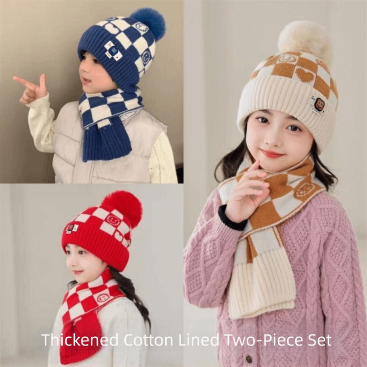 2Pcs/Set%20Winter%20Cute%20Pompom%20Children%20Hat%20Scarf%20Set%20Neck%20Warmer%20Woolen%20Knitted%20Scarf%20Cap%20Checkerboard%20Kids%20Beanie%20Caps%20Gifts%20-%20Image%204