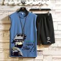 Summer New Sports Vest Men's Fashion Vest Outer WearinsLoose Waistcoat Anime Print SleevelessTT-shirt Set. 