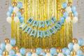 Happy Birthday Banner(Blue Gold) Fringe Curtain And 60Pc Latex Balloons Balloons (Blue, Gold, White). 